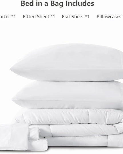 CozyLux Queen Comforter Set - 7 Pieces Bed in a Bag Set White, Bedding Sets Queen with All Season Quilted Comforter, Flat Sheet, Fitted Sheet, Pillowcases, White, Queen - LeafyLoom