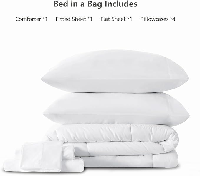CozyLux Queen Comforter Set - 7 Pieces Bed in a Bag Set White, Bedding Sets Queen with All Season Quilted Comforter, Flat Sheet, Fitted Sheet, Pillowcases, White, Queen - LeafyLoom