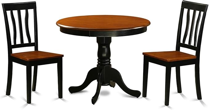 East West Furniture ANTI3-BLK-W Antique 3 Piece Kitchen Set Contains a Round Dining Room Table with Pedestal and 2 Solid Wood Seat Chairs, 36x36 Inch - LeafyLoom