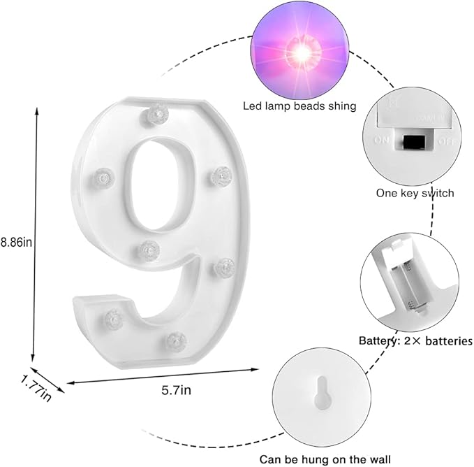 Glintee Decorative Led Light Up Number, Light Up Number Sign for Night Light Wedding Birthday Party Christmas Home Bar Decoration Number-(Number 9) - LeafyLoom