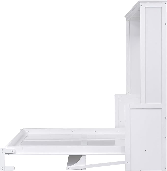 Queen Size Murphy Bed with Shelf, Queen Wall Bed Storage Bed for Guestroom, Office, Space-Saving Design Murphy Bed Frame, No Spring Box Needed, White - LeafyLoom