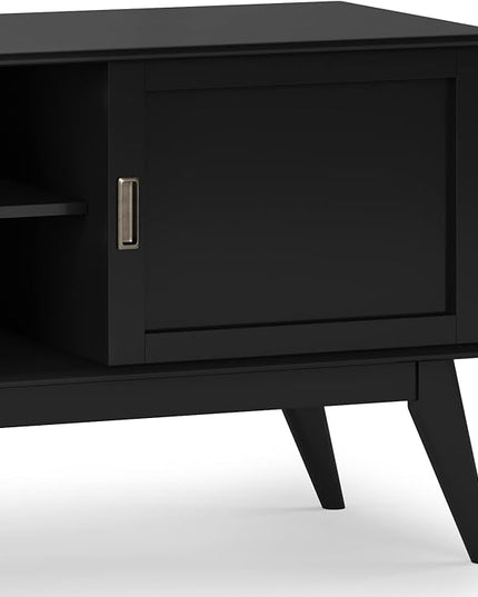 SIMPLIHOME Draper SOLID HARDWOOD 60 Inch Wide Mid Century Modern Low TV Media Stand in Black for TVs up to 65 Inches, For the Living Room and Entertainment Center - LeafyLoom