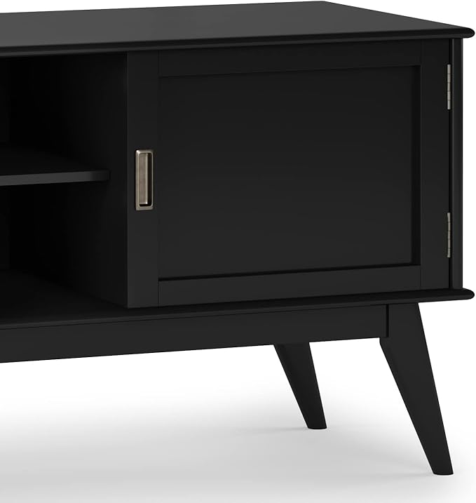 SIMPLIHOME Draper SOLID HARDWOOD 60 Inch Wide Mid Century Modern Low TV Media Stand in Black for TVs up to 65 Inches, For the Living Room and Entertainment Center - LeafyLoom