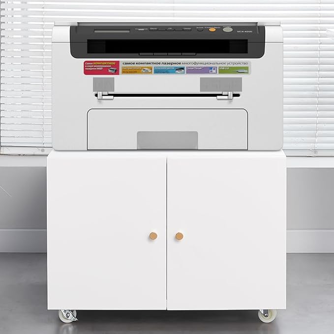 17.70" Metal Office Copier 2 Door and 360 ° Universal Wheel,Mobile Lateral Filing Cabinets w/Aluminum Alloy Handle,Rolling Printer Stand for Legal/Letter/A4,White - LeafyLoom