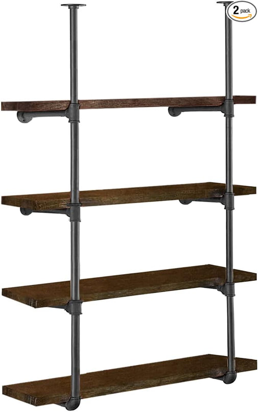 HITOMEN Industrial Iron Pipe Shelves, 2 Set 4-Tier, 56" Tall, 12" Depth, DIY Open Bookshelf Bookcase, Wall Mounted Vintage Retro Shelving, Rustic Farmhouse Pantry Kitchen Storage, Black Shelf Brackets - LeafyLoom