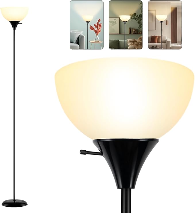 Floor Lamp, Standing Lamp for Bedroom, Drop-Resistant White Lampshade, Rotary Switch, Industrial Floor Lamp for Living Room Bedroom Study Office Kid's Room(Bright Black) - LeafyLoom