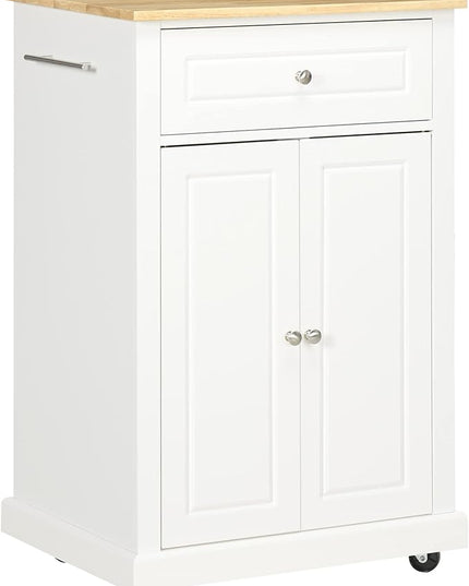 HOMCOM Rolling Kitchen Island Cart, Portable Serving Trolley Table with Drawer, Adjustable Shelf and 2 Towel Racks, Cream White - LeafyLoom