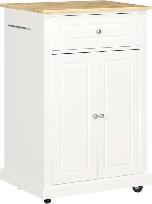 HOMCOM Rolling Kitchen Island Cart, Portable Serving Trolley Table with Drawer, Adjustable Shelf and 2 Towel Racks, Cream White - LeafyLoom