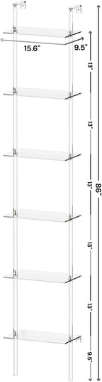 Small Acrylic Ladder Bookshelf, 9.5" D x 15.6" W, 6-Tier Clear Wall Mounted Book Shelf for Small Spaces, Multipurpose Bookcase for Living Room, Bathroom, Office, Modern, 86" H - LeafyLoom