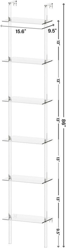 Small Acrylic Ladder Bookshelf, 9.5" D x 15.6" W, 6-Tier Clear Wall Mounted Book Shelf for Small Spaces, Multipurpose Bookcase for Living Room, Bathroom, Office, Modern, 86" H - LeafyLoom