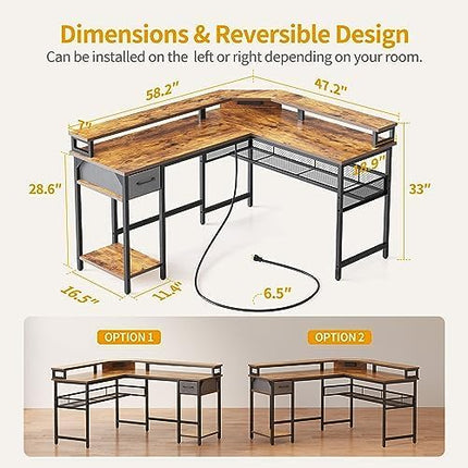 CubiCubi L Shaped Gaming Desk with LED Lights and Power Outlets, 58" Reversible Corner Computer Desk with Storage Shelves and Drawer, Home Office Desk with Monitor Stand, Rustic Brown - LeafyLoom
