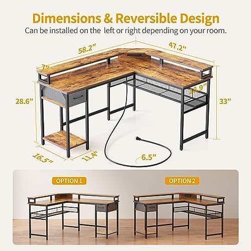 CubiCubi L Shaped Gaming Desk with LED Lights and Power Outlets, 58" Reversible Corner Computer Desk with Storage Shelves and Drawer, Home Office Desk with Monitor Stand, Rustic Brown - LeafyLoom