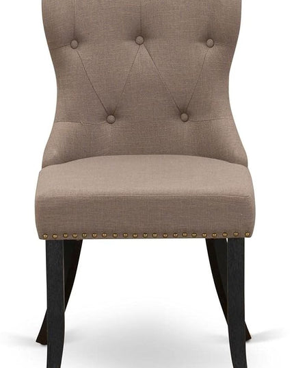 East West Furniture SIP6T48 Sion Parson Dining Room Button Tufted Nailhead Trim Coffee Linen Fabric Padded Chairs, Set of 2, Wirebrushed Black - LeafyLoom