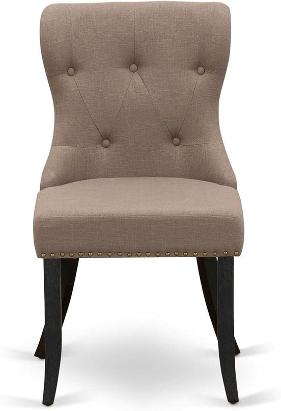 East West Furniture SIP6T48 Sion Parson Dining Room Button Tufted Nailhead Trim Coffee Linen Fabric Padded Chairs, Set of 2, Wirebrushed Black - LeafyLoom