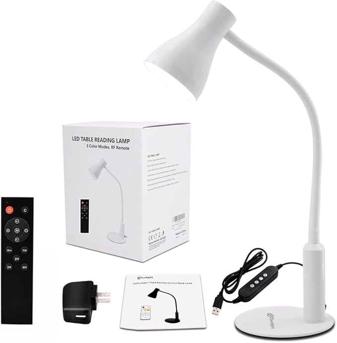 LED Desk Lamp, 3 Lighting Modes and 6 Brightness Levels, 10W Flexible Gooseneck Table Lamp for Living Room and Study, Remote Control with Timing Function, AC Adapter Included (White) - LeafyLoom