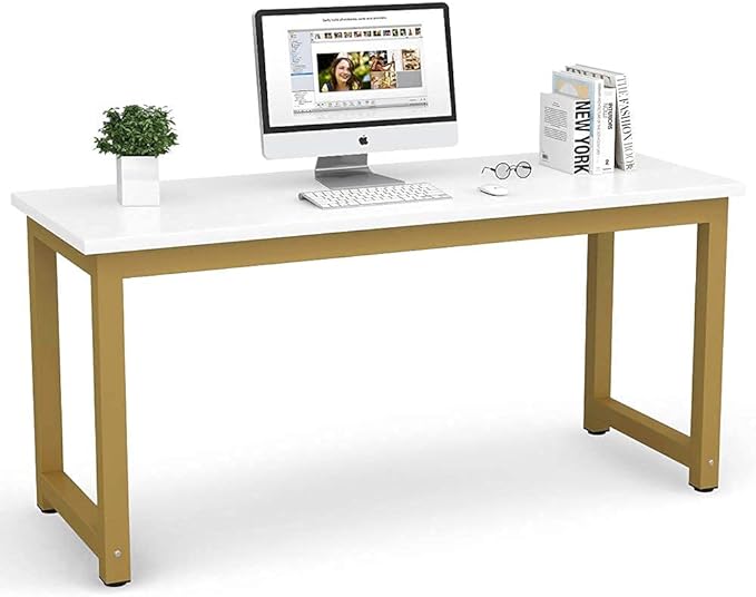Tribesigns Computer Desk, 63 inch Large Office Desk, Study Writing Table for Home Office, Easy Assemble, White Gold - LeafyLoom