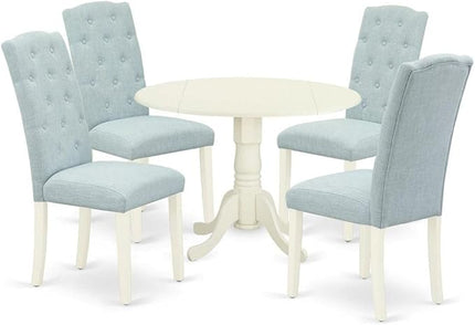 East West Furniture DLCE5-WHI-15 Dublin 5 Piece Set Includes a Round Dining Room Table with Dropleaf and 4 Baby Blue Fabric Upholstered Chairs, 42x42 Inch, Linen White - LeafyLoom