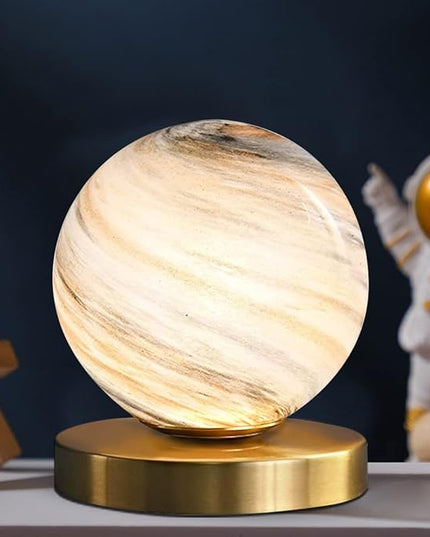 Bedside Table Lamp Gold Desk Lamp Reading Lamp with Handblown Glass Globe Shade, Plug in Table Desk Lamp for Bedroom Office Library Study Room (Moon Shade) - LeafyLoom
