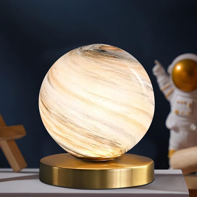 Bedside Table Lamp Gold Desk Lamp Reading Lamp with Handblown Glass Globe Shade, Plug in Table Desk Lamp for Bedroom Office Library Study Room (Moon Shade) - LeafyLoom