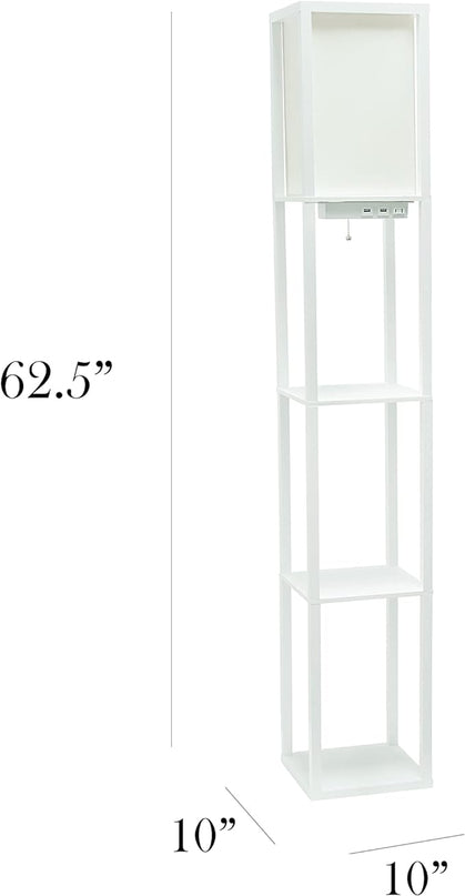 Simple Designs LF1037-WHT-LB Three Shelf Etagere Organizer Storage Floor Lamp with 2 Dual USB Ports and Charging Outlet, White, with Feit LED Bulb Included - LeafyLoom