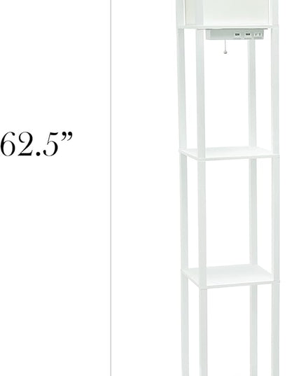 Simple Designs LF1037-WHT Floor Lamp Etagere Organizer Storage Shelf with 2 USB Charging Ports, 1 Charging Outlet and Linen Shade, White - LeafyLoom