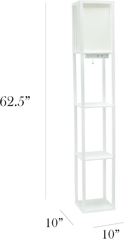 Simple Designs LF1037-WHT Floor Lamp Etagere Organizer Storage Shelf with 2 USB Charging Ports, 1 Charging Outlet and Linen Shade, White - LeafyLoom