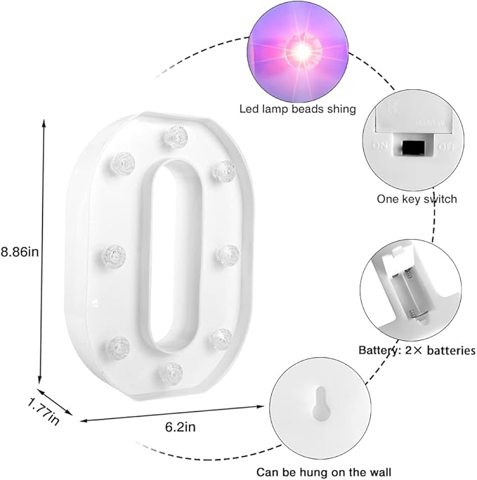 Glintee Decorative Led Light Up Number, Light Up Number Sign for Night Light Wedding Birthday Party Christmas Home Bar Decoration Number-(Number 0) - LeafyLoom