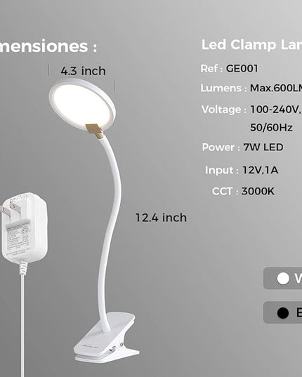 7W Flexible Gooseneck LED Desk lamp Touch 3 Steps Dimmable LED Clip on Light Reading lamp Warm White 3000K 3 Brightness Book Lights Eye Caring Clamp lamp - LeafyLoom