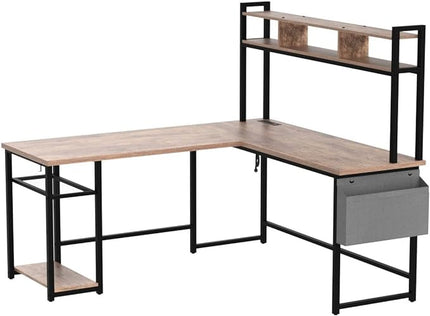 Aheaplus L Shaped Desk with Power Outlet & LED Strip, Reversible L-Shaped Corner Computer Desks Gaming Desk with Storage Shelf & Monitor Stand, Modern Home Office Desk, Writing Desk, Rustic Brown - LeafyLoom