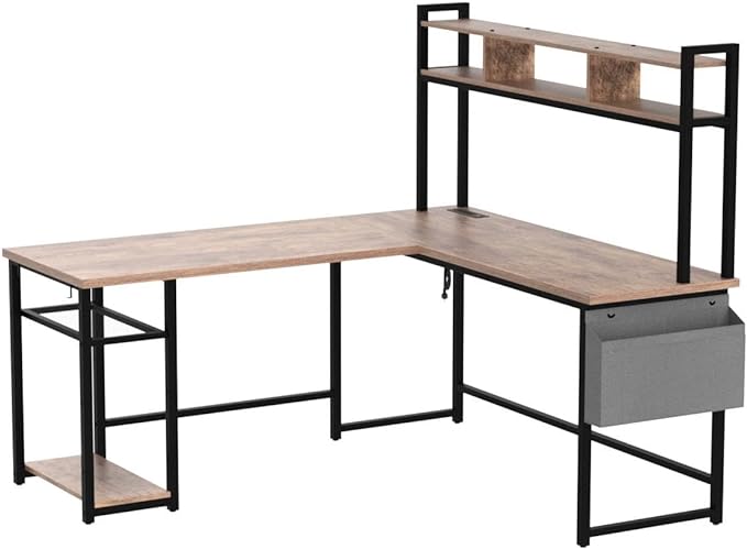 Aheaplus L Shaped Desk with Power Outlet & LED Strip, Reversible L-Shaped Corner Computer Desks Gaming Desk with Storage Shelf & Monitor Stand, Modern Home Office Desk, Writing Desk, Rustic Brown - LeafyLoom