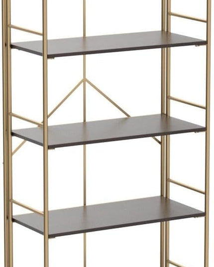 No Assembly Folding Bookshelf, Metal Book Shelf for Storage, Folding Bookcase for Office Organization and Storage (Brown and Gold, 4 Tiers) - LeafyLoom