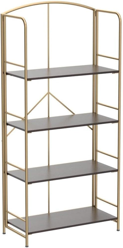 No Assembly Folding Bookshelf, Metal Book Shelf for Storage, Folding Bookcase for Office Organization and Storage (Brown and Gold, 4 Tiers) - LeafyLoom
