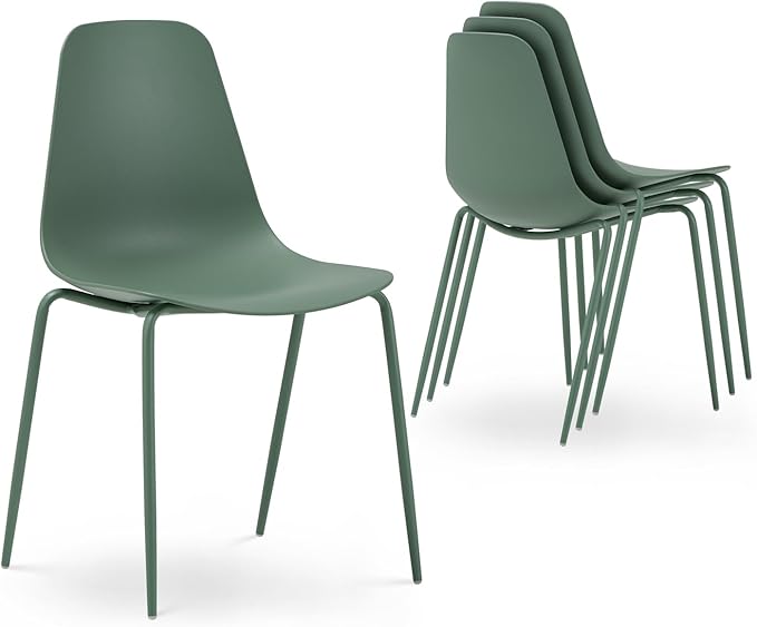 COLAMY Stackable Dining Chairs Set of 4, Indoor Outdoor Dining Room Side Chairs with Metal Legs, Modern Plastic Patio Chairs for Home/Kitchen/Office/Resturant/Bistro/Cafe, Green - LeafyLoom