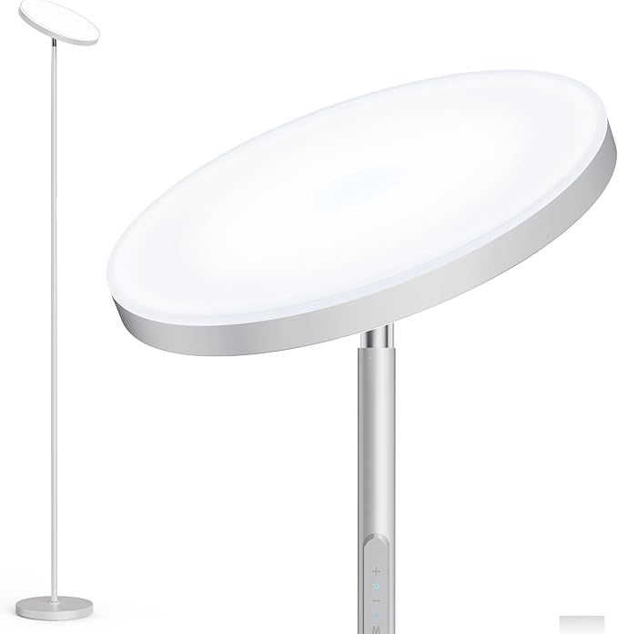 LED Floor Lamp, 30W/2500LM Super Bright Standing Light, Modern Torchiere Sky Lamp with 4 Color Temperatures, Remote Touch Control, Corner Lighting for Living Room, Bedroom, Office, Silver Grey - LeafyLoom
