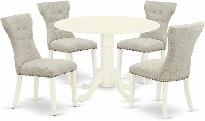 East West Furniture Dublin 5 Piece Set for 4 Includes a Round Kitchen Table with Dropleaf and 4 Doeskin Linen Fabric Parson Dining Room Chairs, 42x42 Inch, DLGA5-WHI-35 - LeafyLoom