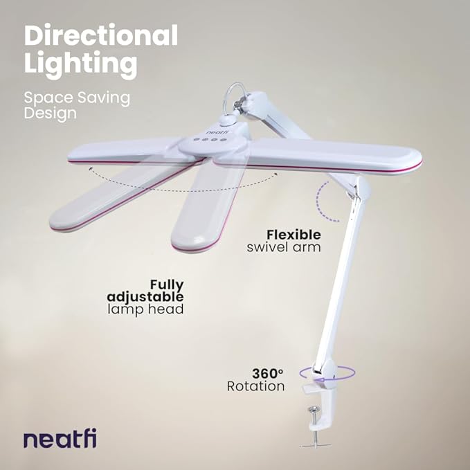 Neatfi Elite HD XL Task Lamp, 3 Light Modes, 90PCS SMD LED, Super Bright Desk Lamp, Eye-Caring LED Lamp, Non-Polar Dimming, Adjustable Brightness Levels (CCT with Clamp, Pink Ring, 17 Inches) - LeafyLoom