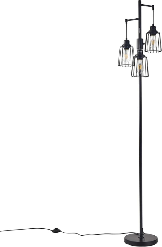 Dimmable Floor Lamp, Farmhouse Industrial Floor Lamp for Living Room, Standing Tree Floor Lamp with 3 Elegant Teardrop Cage Head, Bright Floor Lamp for Bedroom Office(Black) - LeafyLoom