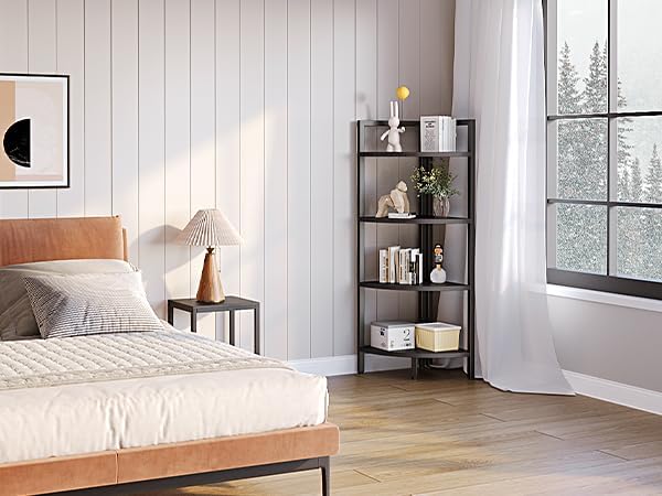 SAYGOER Corner Bookshelf 4 Tier Stand Corner Ladder Shelf Modern Storage Organizer Bookcase Industrial Display Rack Shelves for Small Space, Living Room,Home Kitchen,Office, Black - LeafyLoom