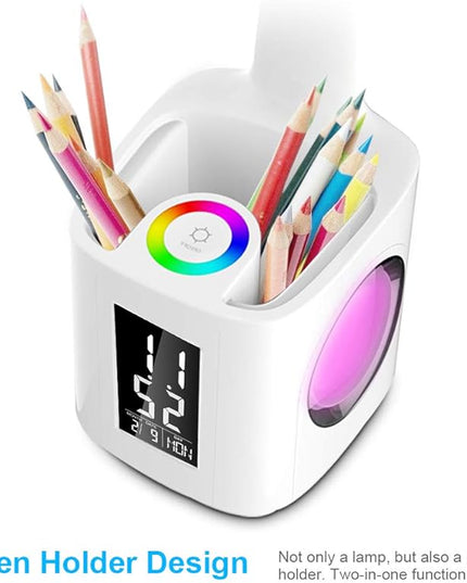 Donewin LED Desk Lamp with USB Charging Port&Pen Holder, Study Light with Clock, Kawaii Desk Accessories, Study Lamp for Kids/Girls/Boys,Desk Light for Office/Reading, Colorful Night Light,10W - LeafyLoom