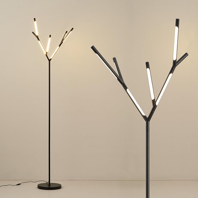 Modern LED Tree Floor Lamp, Black Sputnik Standing Lamp with 6 Chandelier 3000K Warm White Lights, Elegant Slim Tall Pole Lamp for Living Room Bedroom Office Hotel - LeafyLoom