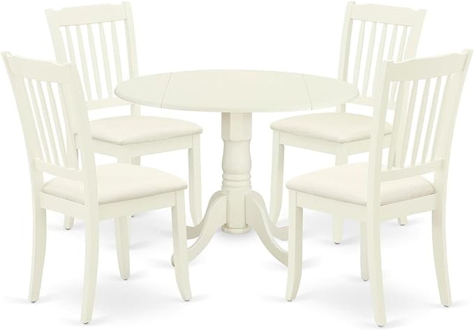 East West Furniture DLDA5-WHI-C Dublin 5 Piece Set Includes a Round Dining Room Table with Dropleaf and 4 Fabric Upholstered Chairs, 42x42 Inch, Linen White - LeafyLoom