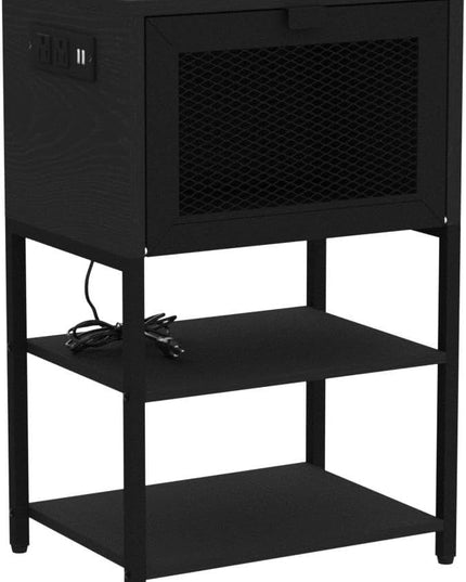Black Nightstands Set of 2 with Charging Station and USB Port, 3 Tier Industrial Night Stand, Bedside Table with Flip Storage Drawer and Open Shelf, End Side Table for Bedroom, Office, Dorm - LeafyLoom