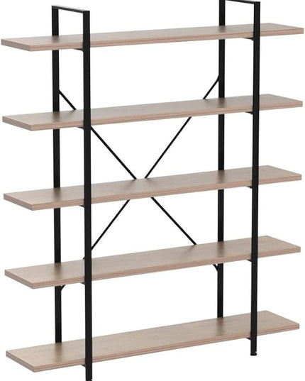 HSH Industrial Wood and Metal 5 Tier Bookshelf, Large Tall Open Rustic Wide Etagere Bookcase, Vintage Farmhouse Modern Wooden Big Book Shelf for Home Living Room Bedroom Office Storage, Rustic Oak - LeafyLoom