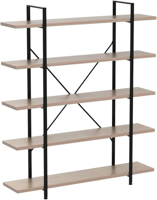 HSH Industrial Wood and Metal 5 Tier Bookshelf, Large Tall Open Rustic Wide Etagere Bookcase, Vintage Farmhouse Modern Wooden Big Book Shelf for Home Living Room Bedroom Office Storage, Rustic Oak - LeafyLoom