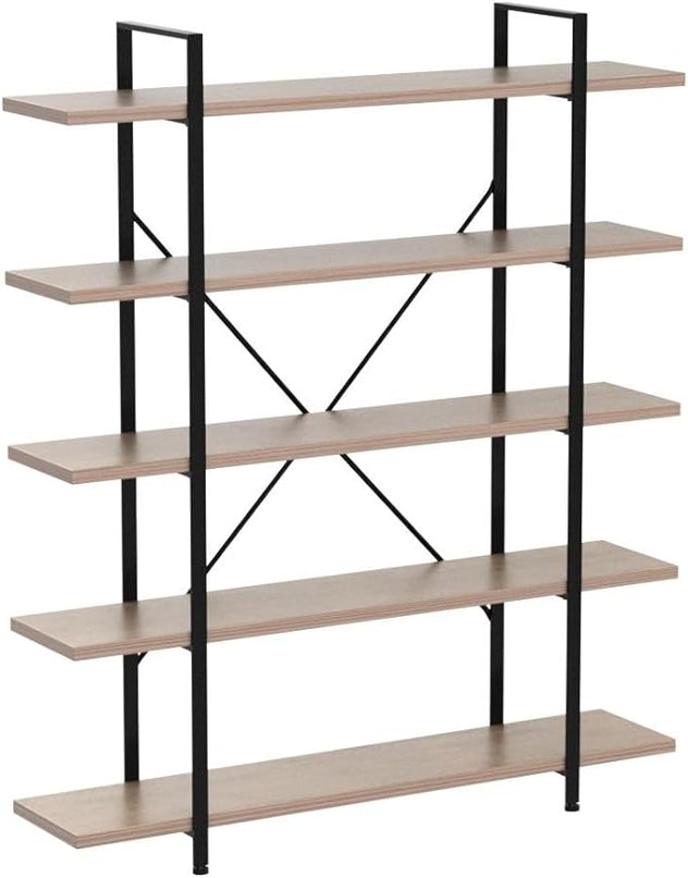 HSH Industrial Wood and Metal 5 Tier Bookshelf, Large Tall Open Rustic Wide Etagere Bookcase, Vintage Farmhouse Modern Wooden Big Book Shelf for Home Living Room Bedroom Office Storage, Rustic Oak - LeafyLoom