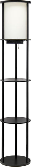 Simple Designs LF2010-BLK 62.5" Round Modern Shelf Etagere Organizer Storage Floor Lamp with 2 USB Charging Ports, 1 Charging Outlet and Linen Shade for Living Room Bedroom Office, Black - LeafyLoom