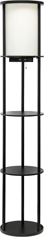 Simple Designs LF2010-BLK 62.5" Round Modern Shelf Etagere Organizer Storage Floor Lamp with 2 USB Charging Ports, 1 Charging Outlet and Linen Shade for Living Room Bedroom Office, Black - LeafyLoom
