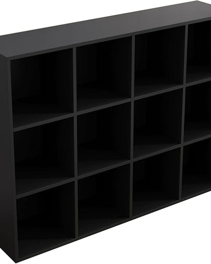 12-Cube Storage Shelf Bookcase - Wooden 3-Tier Floor Standing Open Bookshelf for Home and Office, Display Cabinet, Black - LeafyLoom