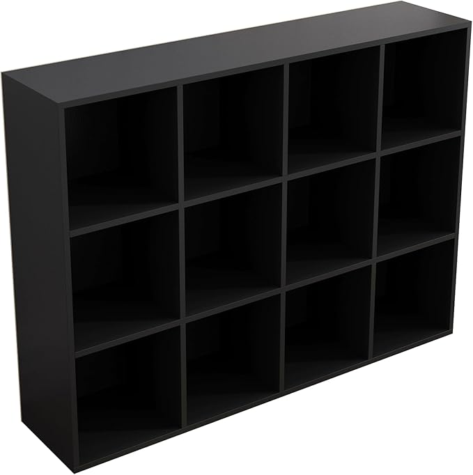 12-Cube Storage Shelf Bookcase - Wooden 3-Tier Floor Standing Open Bookshelf for Home and Office, Display Cabinet, Black - LeafyLoom