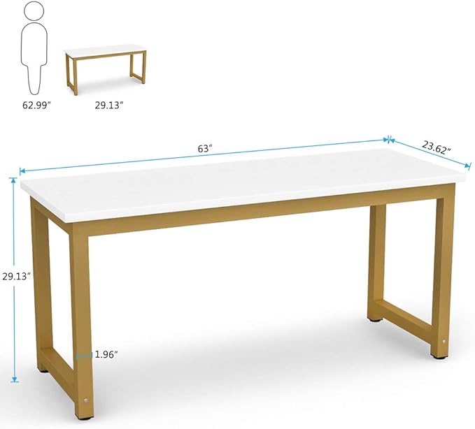 Tribesigns Computer Desk, 63 inch Large Office Desk, Study Writing Table for Home Office, Easy Assemble, White Gold - LeafyLoom
